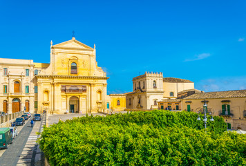 View of the Basilica Santissimo Salvatore and Torre Belvedere in Noto, Sicily, Italy