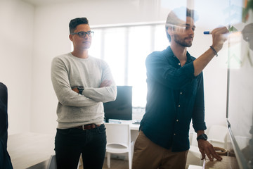 Application developer writing on board in office