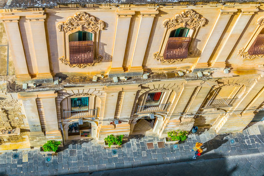 Aerial view of Noto corso vittorio emanuele leading to the porta reale, Sicily, Italy