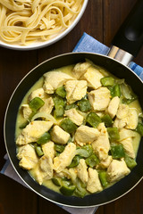 Chicken with green bell pepper and onion in mustard cream sauce in frying pan, cooked fettuccine pasta on the side, photographed overhead with natural light