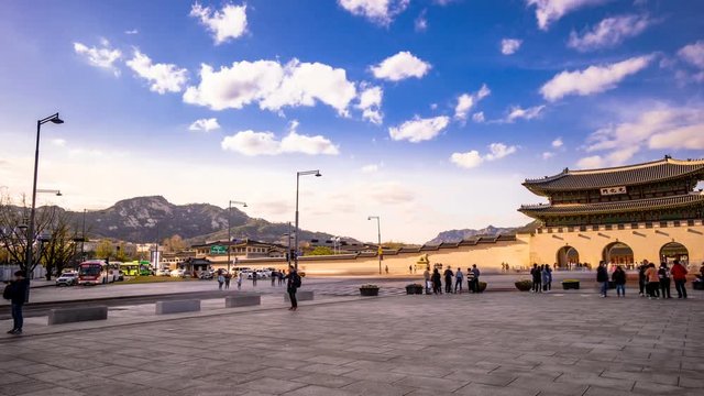 Gwanghwamun Square and tourists. Seoul, South Korea.