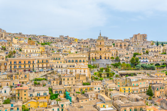 Aerial view of modica overlooking cathedral of saint george, Sicily, Italy