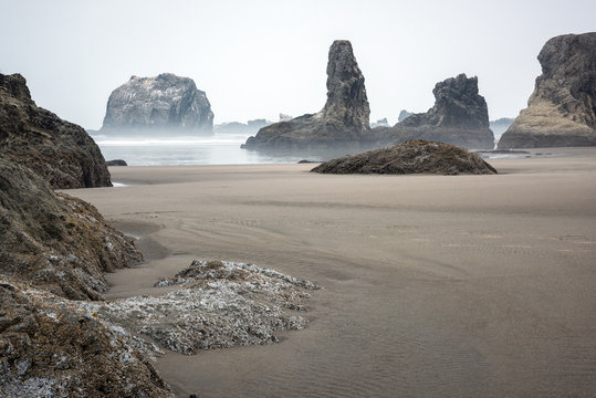 Sea stacks and rock formations on the beach in Bandon, Oregon on a foggy morning