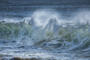 Sunlight shines through a wave causing it to glow green as it breaks on a beach in Hawaii