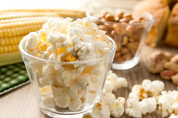 Popcorn. Food of Festa Junina, a typical brazilian party. Snack on wood table.