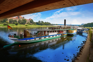 Dresden Elbe river and boats in Saxony Germany