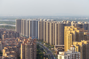 Aerial view of houses and building