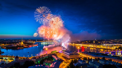 Saint Petersburg Holidays in Russia. Fireworks over Vasilievsky Island. Holidays. Scarlet Sails. Celebration with salute. Russian Federation. Festive Petersburg.