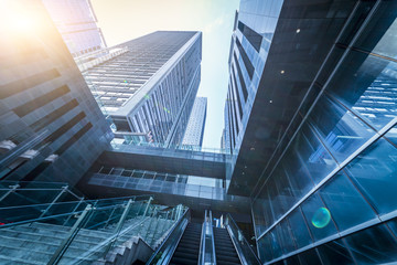 Bottom view of office building window close up