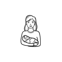 A mother holding swaddled baby hand drawn outline doodle icon