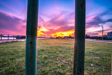 Fototapeta premium Bangkok City - Beautiful sunset view of Bhumibol Bridge,landmark Thailand