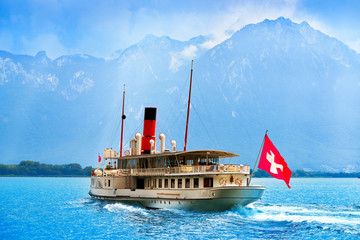 Geneve Lake Leman steamer ship Switzerland - obrazy, fototapety, plakaty