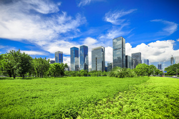 Obraz premium City park under blue sky with Downtown Skyline in the Background