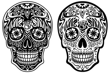Vector illustration of a black and white sugar skull and its inverse, white and black version.