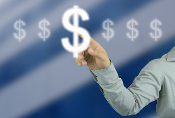 businessman hand pointing to Symbol money of Dollar in your work concept business.