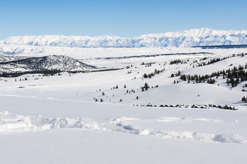 Fototapeta na wymiar Overlooking Mammoth Lakes, California, January 2017, a record snow-fall year