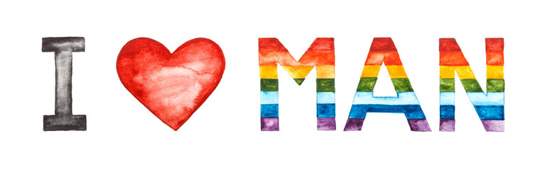 I love man lettering. Rainbow, red heart painted in watercolor on white background.
