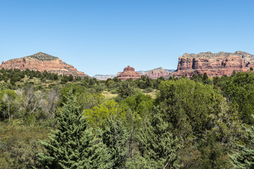 Fototapeta na wymiar View from Red Rock Park Ranger Station of Castle Rock, Bell Rock, and Courthouse Butte