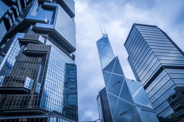 Bottom view of office building window close up