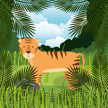 wild tiger in the jungle scenevector illustration design