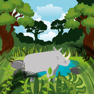 wild rhino in the jungle scene vector illustration design