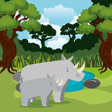 wild animals in the jungle scene vector illustration design