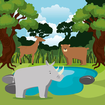 wild animals in the jungle scene vector illustration design