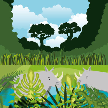 wild animals in the jungle scene vector illustration design