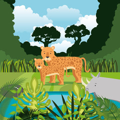 wild animals in the jungle scene vector illustration design