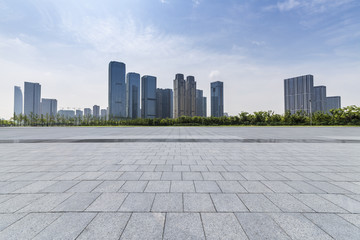 Empty floor with modern business office building