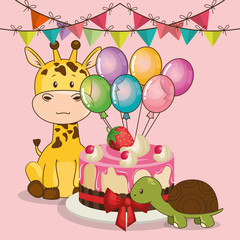 happy birthday card with cute giraffe vector illustration design