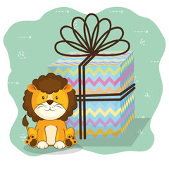 happy birthday card with cute lion vector illustration design