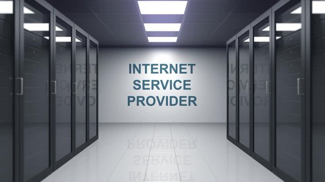 INTERNET SERVICE PROVIDER caption on the wall of a server room. Conceptual 3D animation