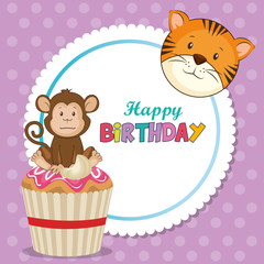 happy birthday card with cute animals vector illustration design