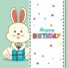 happy birthday card with cute rabbit vector illustration design