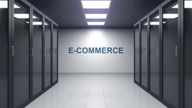 E-COMMERCE caption on the wall of a server room. Conceptual 3D animation
