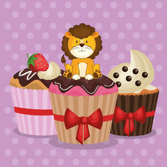 happy birthday card with cute lion vector illustration design