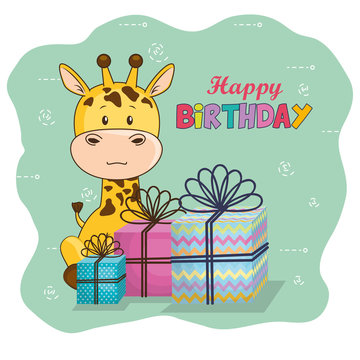 happy birthday card with cute giraffe vector illustration design