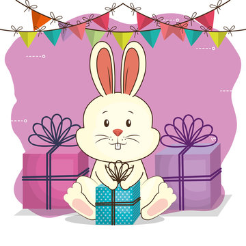 happy birthday card with cute rabbit vector illustration design