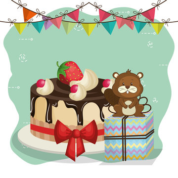 happy birthday card with cute beaver vector illustration design