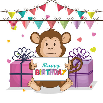 happy birthday card with cute monkey vector illustration design