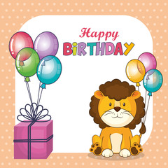 happy birthday card with cute lion vector illustration design