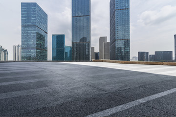 Empty floor with modern business office building