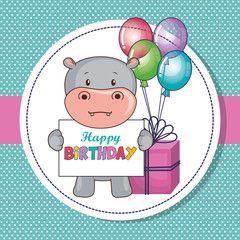 happy birthday card with cute hippo vector illustration design