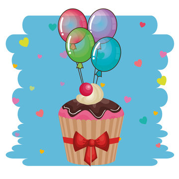 birthday card with cupcake and balloons helium vector illustration design