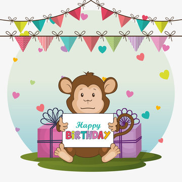 happy birthday card with cute monkey vector illustration design