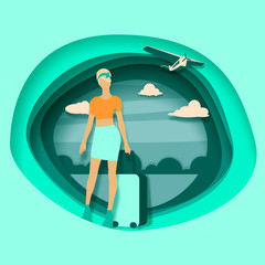 Woman traveler silhouette standing with baggage. Retro hair style. Cloudscape with retro airplane on backdrop. Background with paper cut shapes.