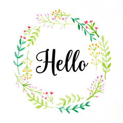 Hello word on colorful watercolor flower wreath on white background, banner, greeting card