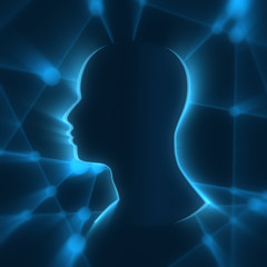 Obraz premium Cutout silhouette of a man's head. Mental health relative brochure, report or flyer design template. Scientific medical designs. Connected lines with dots.