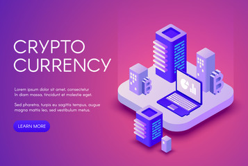 Cryptocurrency vector illustration poster for bitcoin crypto currency mining and blockchain. Digital money and computer internet technology concept on purple ultra violet background